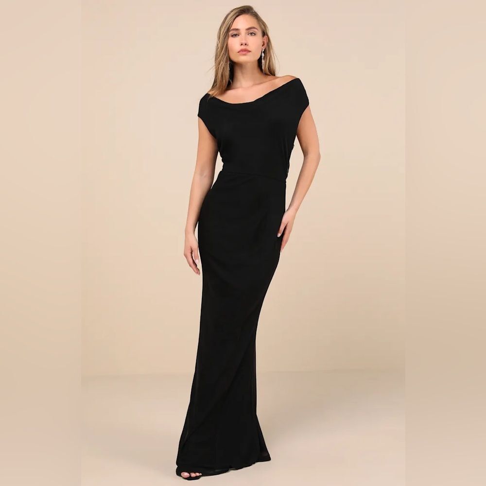 Lulus Stunning Mystery Black Mesh Cowl Back Mermaid Maxi Dress
